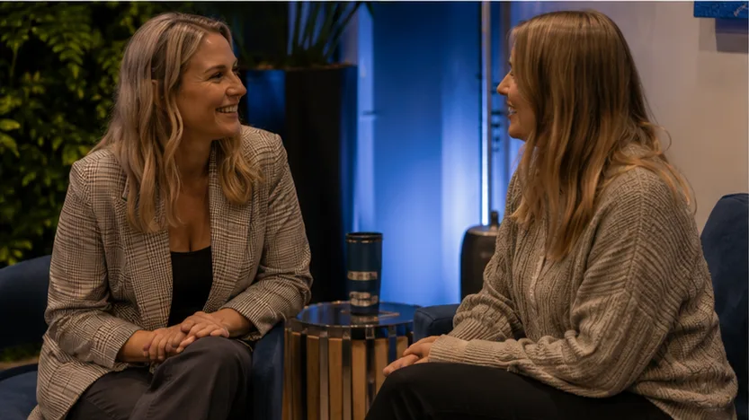 Two attendees talking in lounge seating at the Oasis