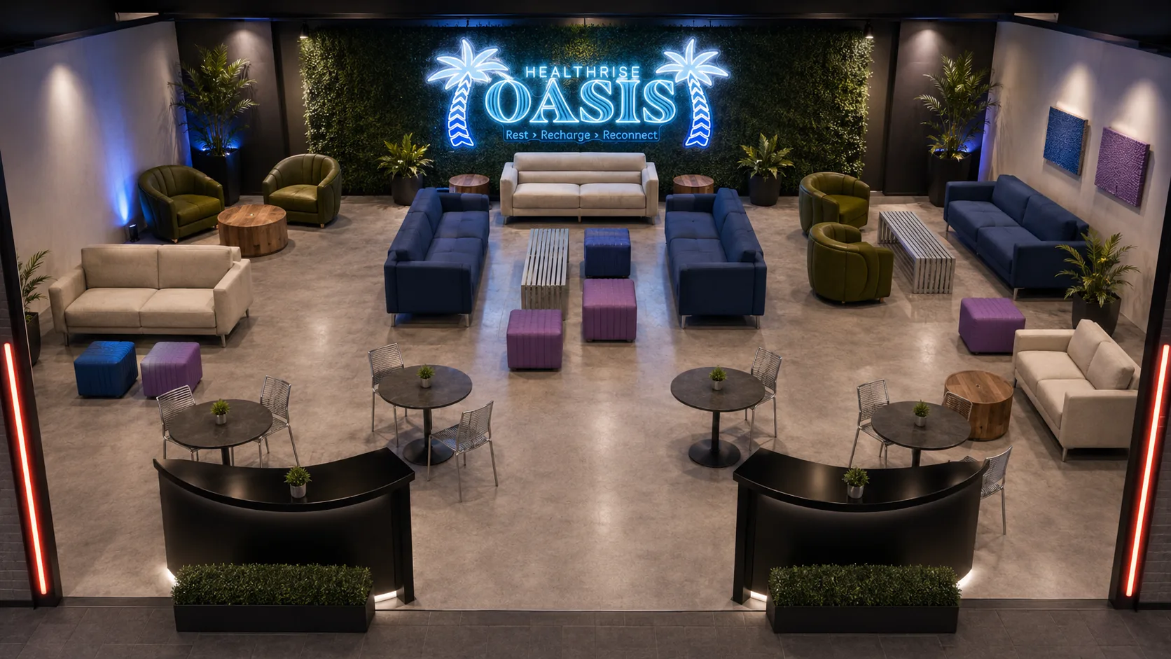 Healthrise Oasis lounge layout with seating, plants, and neon Oasis signage